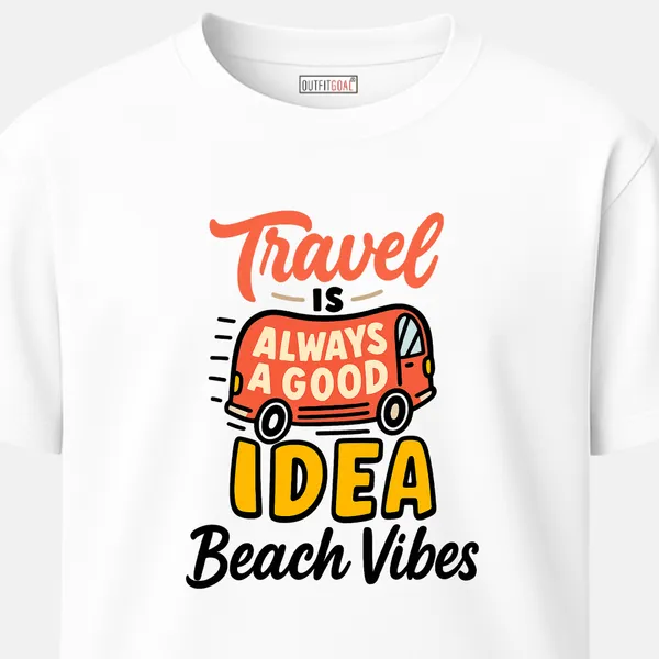 _Regular_Unisex_White_Graphics_T-Shirt,_Playful_bus_travel_type_art_travel_always_a_good_idea_|_TRAVEL_MODE