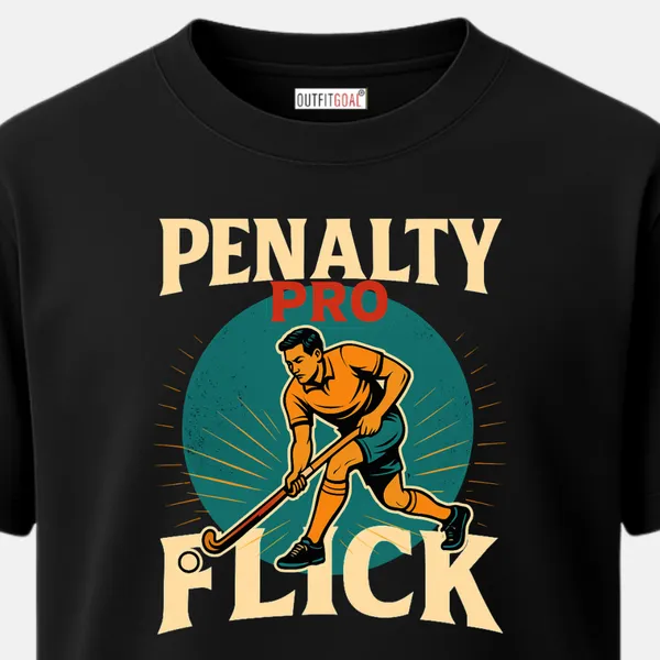 _Regular_Unisex_Black_Graphics_T-Shirt,_Player_in_flicking_stance_dynamic_text_penalty_pro_flick_|_SPORTS_MODE