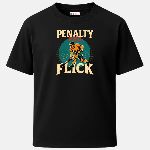 _Regular_Unisex_Black_Graphics_T-Shirt,_Player_in_flicking_stance_dynamic_text_penalty_pro_flick_|_SPORTS_MODE