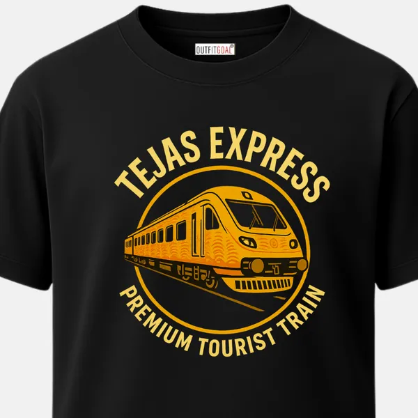 _Regular_Unisex_Maroon_Graphics_T-Shirt,_Yellow_premium_tejas_express_train_with_bold_tejas_express_and_premium_tourist_train_text_circular_layout_|_TRAVEL_MODE