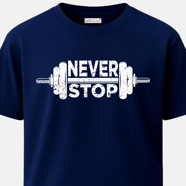 _Regular_Unisex_Navy_Graphics_T-Shirt,_White_dumbbell_silhouette_text_never_stop_|_SPORTS_MODE