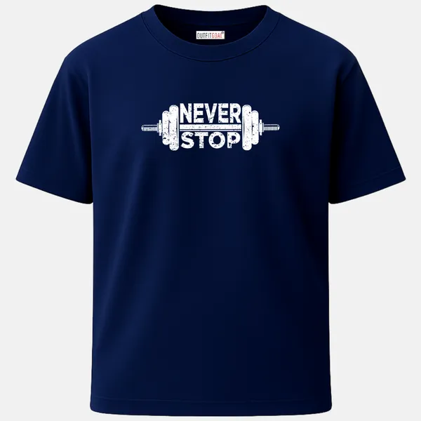 _Regular_Unisex_Navy_Graphics_T-Shirt,_White_dumbbell_silhouette_text_never_stop_|_SPORTS_MODE