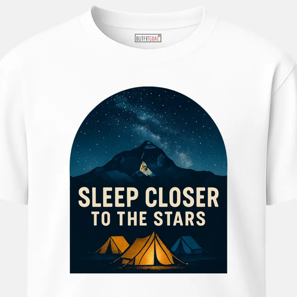 _Regular_Unisex_White_Graphics_T-Shirt,_Night_campsite_below_stars_and_mountains_text_sleep_closer_to_the_stars_|_TRAVEL_MODE