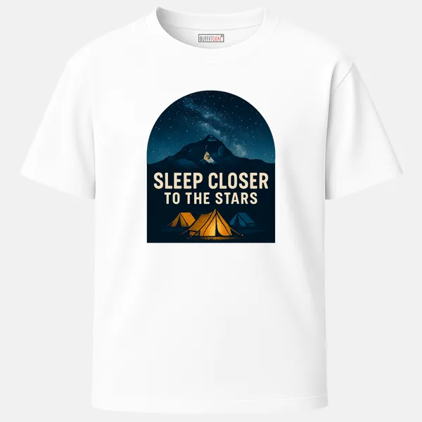 _Regular_Unisex_White_Graphics_T-Shirt,_Night_campsite_below_stars_and_mountains_text_sleep_closer_to_the_stars_|_TRAVEL_MODE