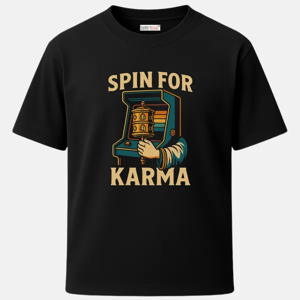 _Regular_Unisex_Black_Graphics_T-Shirt,_Hand_spinning_a_prayer_wheel_with_retro_arcade_motif_and_spin_for_karma_text_|_TRAVEL_MODE