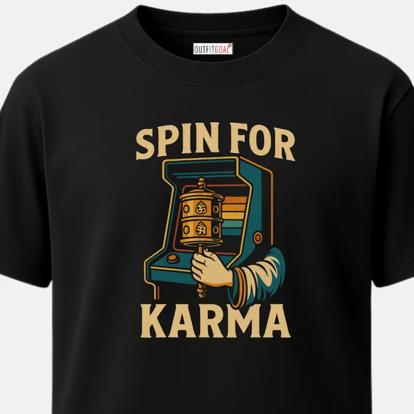 _Regular_Unisex_Black_Graphics_T-Shirt,_Hand_spinning_a_prayer_wheel_with_retro_arcade_motif_and_spin_for_karma_text_|_TRAVEL_MODE