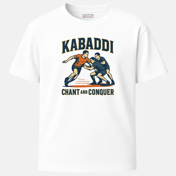 _Regular_Unisex_White_Graphics_T-Shirt,_Kabaddi_raider_breaking_through_two_defenders_bold_text_chant_and_conquer_|_SPORTS_MODE
