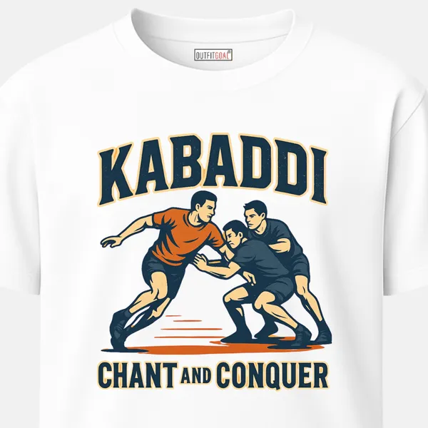 _Regular_Unisex_White_Graphics_T-Shirt,_Kabaddi_raider_breaking_through_two_defenders_bold_text_chant_and_conquer_|_SPORTS_MODE