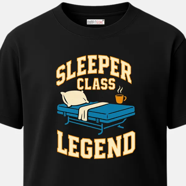 _Regular_Unisex_Black_Graphics_T-Shirt,_Sleeper_class_bed_and_steaming_chai_cup_with_large_varsity_font_sleeper_class_legend_|_TRAVEL_MODE
