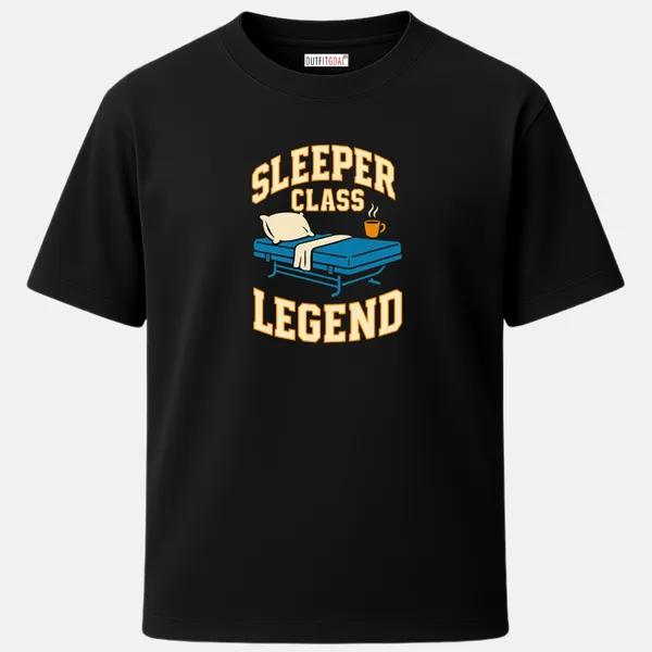 _Regular_Unisex_Black_Graphics_T-Shirt,_Sleeper_class_bed_and_steaming_chai_cup_with_large_varsity_font_sleeper_class_legend_|_TRAVEL_MODE