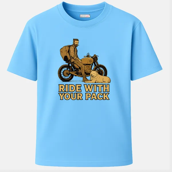 Outfitgoal_Regular_Unisex_Sky_Graphics_T-Shirt,_Bearded_rider_resting_beside_bike_and_loyal_dog;_RIDE_WITH_YOUR_PACK_caption,_friendship_&_journey_theme._|_TRAVEL_MODE