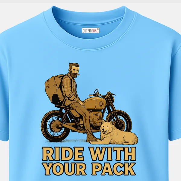 Outfitgoal_Regular_Unisex_Sky_Graphics_T-Shirt,_Bearded_rider_resting_beside_bike_and_loyal_dog;_RIDE_WITH_YOUR_PACK_caption,_friendship_&_journey_theme._|_TRAVEL_MODE