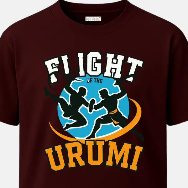 _Regular_Unisex_Maroon_Graphics_T-Shirt,_Two_fighters_mid_air_with_flexible_sword_urumi_text_flight_of_the_urumi_|_SPORTS_MODE