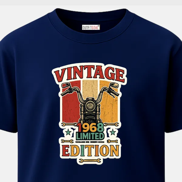 Outfitgoal_Regular_Unisex_Navy_Graphics_T-Shirt,_Retro_motorcycle_front_view_with_bold_Vintage_Limited_Edition_1968_block_typography_|_TRAVEL_MODE