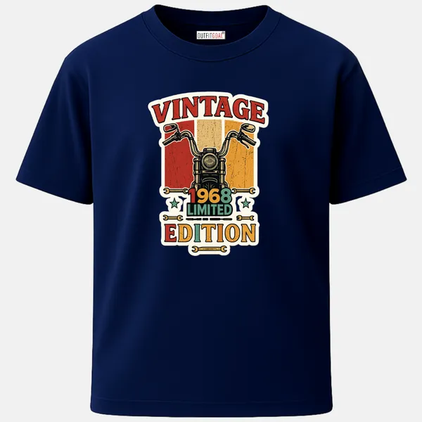 Outfitgoal_Regular_Unisex_Navy_Graphics_T-Shirt,_Retro_motorcycle_front_view_with_bold_Vintage_Limited_Edition_1968_block_typography_|_TRAVEL_MODE