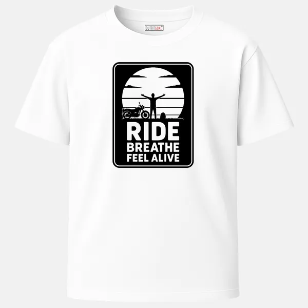 Outfitgoal_Regular_Unisex_White_Graphics_T-Shirt,_Monochrome_line_art_biker_silhouette_with_slogan_RIDE_BREATHE_BE_ALIVE,_motivational_minimal_graphic._|_TRAVEL_MODE