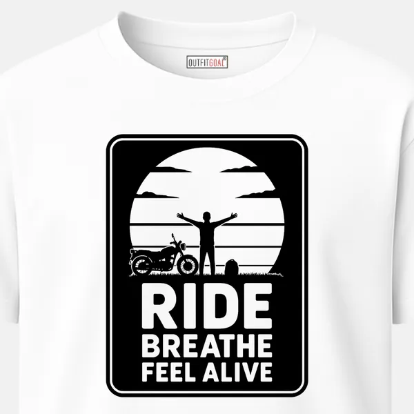 Outfitgoal_Regular_Unisex_White_Graphics_T-Shirt,_Monochrome_line_art_biker_silhouette_with_slogan_RIDE_BREATHE_BE_ALIVE,_motivational_minimal_graphic._|_TRAVEL_MODE