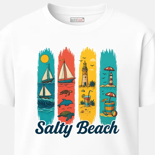 _Regular_Unisex_White_Graphics_T-Shirt,_Nautical_icons_sailboats_turtles_dolphins_lighthouse_drink_umbrella_salty_beach_|_TRAVEL_MODE