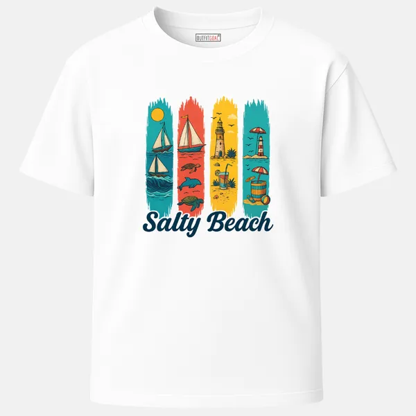 _Regular_Unisex_White_Graphics_T-Shirt,_Nautical_icons_sailboats_turtles_dolphins_lighthouse_drink_umbrella_salty_beach_|_TRAVEL_MODE