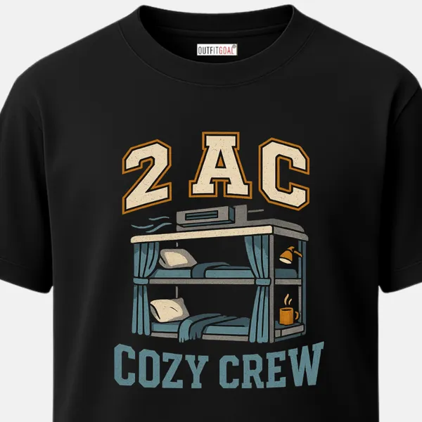 _Regular_Unisex_Black_Graphics_T-Shirt,_Two_tier_ac_coach_beds_with_blanket_lamp_and_chai_mug_type_art_2ac_cozy_crew_|_TRAVEL_MODE