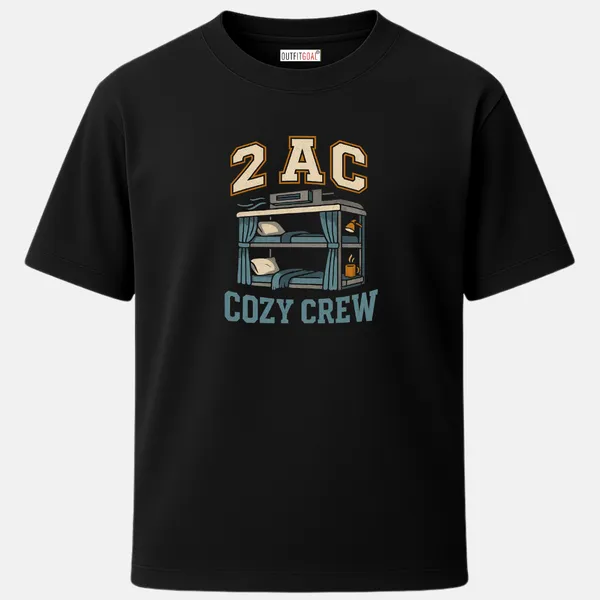 _Regular_Unisex_Black_Graphics_T-Shirt,_Two_tier_ac_coach_beds_with_blanket_lamp_and_chai_mug_type_art_2ac_cozy_crew_|_TRAVEL_MODE