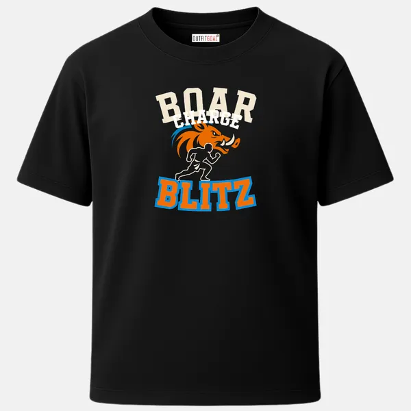 _Regular_Unisex_Black_Graphics_T-Shirt,_Fierce_boar_head_behind_a_running_warrior_bold_text_boar_charge_blitz_|_SPORTS_MODE