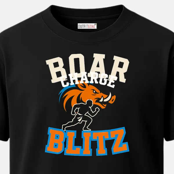 _Regular_Unisex_Black_Graphics_T-Shirt,_Fierce_boar_head_behind_a_running_warrior_bold_text_boar_charge_blitz_|_SPORTS_MODE