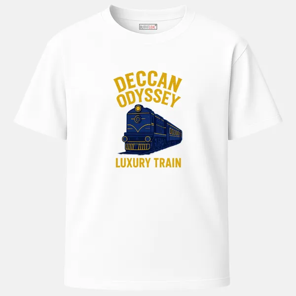 _Regular_Unisex_White_Graphics_T-Shirt,_Deep_blue_locomotive_golden_text_deccan_odyssey_luxury_train_|_TRAVEL_MODE