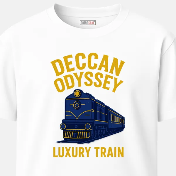_Regular_Unisex_White_Graphics_T-Shirt,_Deep_blue_locomotive_golden_text_deccan_odyssey_luxury_train_|_TRAVEL_MODE