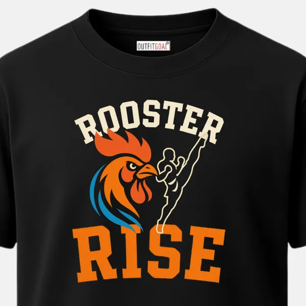 _Regular_Unisex_Black_Graphics_T-Shirt,_Rooster_alongside_high_kicking_fighter_bold_dual_text_rooster_rise_|_SPORTS_MODE