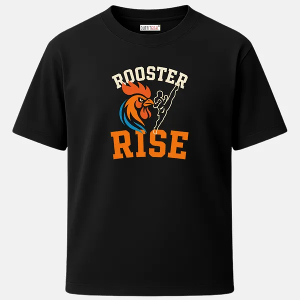 _Regular_Unisex_Black_Graphics_T-Shirt,_Rooster_alongside_high_kicking_fighter_bold_dual_text_rooster_rise_|_SPORTS_MODE