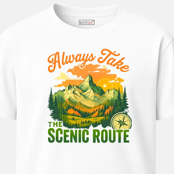 _Regular_Unisex_White_Graphics_T-Shirt,_Lush_valley_mountains_compass_text_always_take_the_scenic_route_|_TRAVEL_MODE