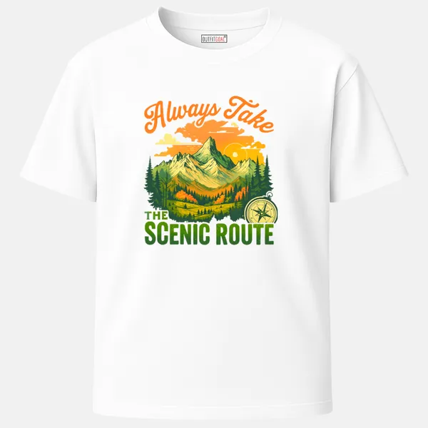 _Regular_Unisex_White_Graphics_T-Shirt,_Lush_valley_mountains_compass_text_always_take_the_scenic_route_|_TRAVEL_MODE