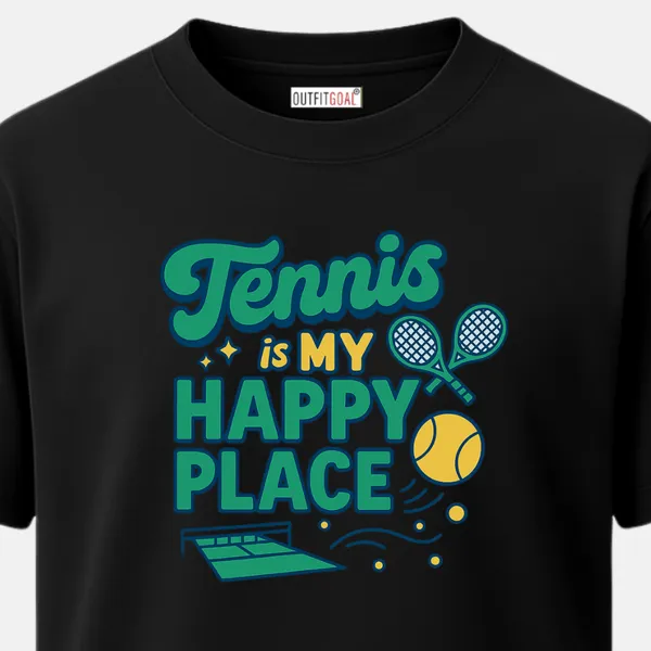 _Regular_Unisex_Black_Graphics_T-Shirt,_Text_tennis_is_my_happy_place_with_rackets_ball_and_court_icons_playful_layout_|_SPORTS_MODE