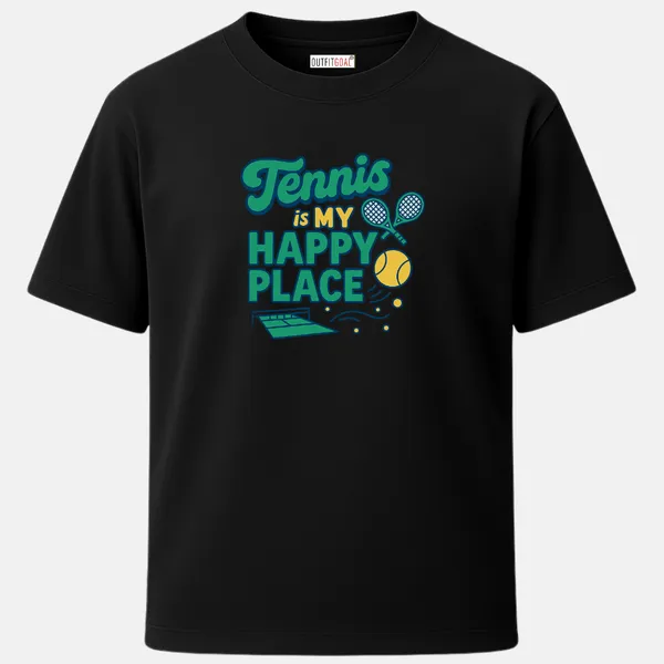 _Regular_Unisex_Black_Graphics_T-Shirt,_Text_tennis_is_my_happy_place_with_rackets_ball_and_court_icons_playful_layout_|_SPORTS_MODE