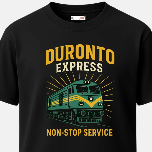 _Regular_Unisex_Black_Graphics_T-Shirt,_Green_duronto_express_with_yellow_stripes_sunburst_effect_non_stop_service_|_TRAVEL_MODE