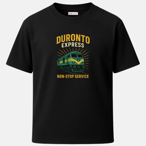 _Regular_Unisex_Black_Graphics_T-Shirt,_Green_duronto_express_with_yellow_stripes_sunburst_effect_non_stop_service_|_TRAVEL_MODE
