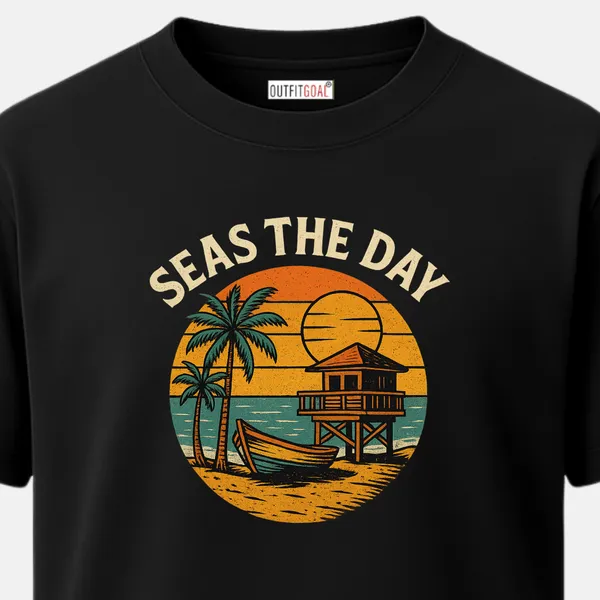 _Regular_Unisex_Black_Graphics_T-Shirt,_Sunset_with_palm_lifeguard_hut_boat_text_seas_the_day_|_TRAVEL_MODE