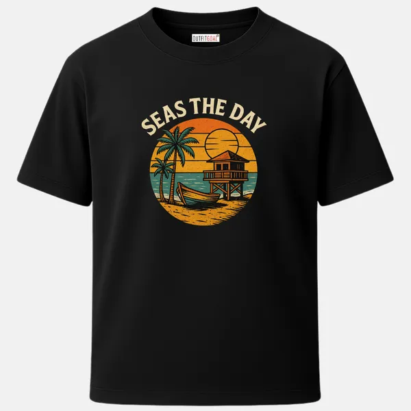 _Regular_Unisex_Black_Graphics_T-Shirt,_Sunset_with_palm_lifeguard_hut_boat_text_seas_the_day_|_TRAVEL_MODE