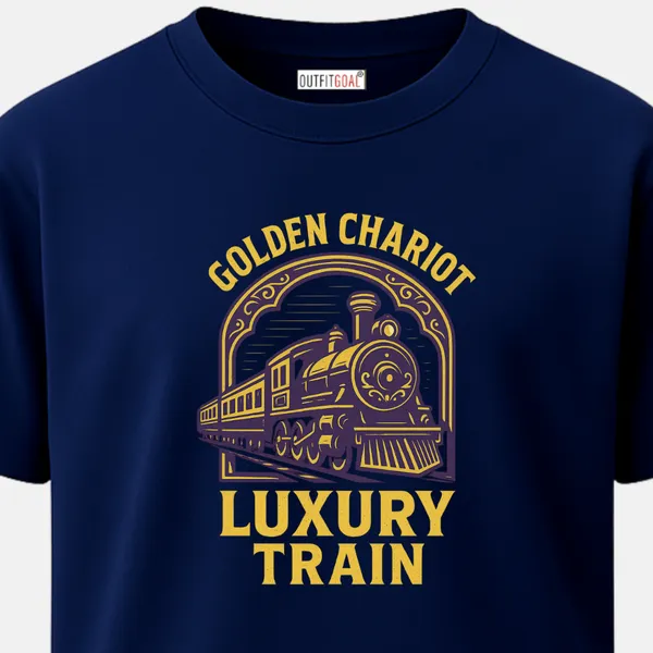 _Regular_Unisex_Navy_Graphics_T-Shirt,_Royal_steam_train_in_purple_gold_frame_with_golden_chariot_luxury_train_text_|_TRAVEL_MODE