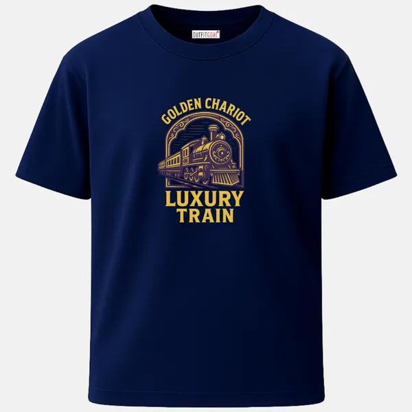 _Regular_Unisex_Navy_Graphics_T-Shirt,_Royal_steam_train_in_purple_gold_frame_with_golden_chariot_luxury_train_text_|_TRAVEL_MODE