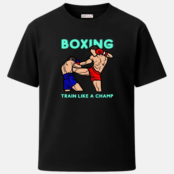 _Regular_Unisex_Black_Graphics_T-Shirt,_Two_fighters_in_boxing_kickboxing_stance_bold_aqua_type_art_train_like_a_champ_|_SPORTS_MODE