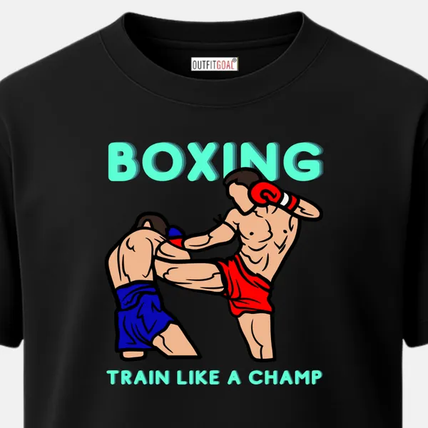 _Regular_Unisex_Black_Graphics_T-Shirt,_Two_fighters_in_boxing_kickboxing_stance_bold_aqua_type_art_train_like_a_champ_|_SPORTS_MODE