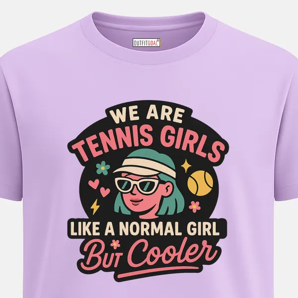_Regular_Unisex_Lavender_Graphics_T-Shirt,_Cartoon_girl_in_visor_and_sunglasses_pink_blue_tones_quote_we_are_tennis_girls_but_cooler_|_SPORTS_MODE