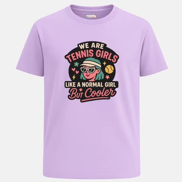 _Regular_Unisex_Lavender_Graphics_T-Shirt,_Cartoon_girl_in_visor_and_sunglasses_pink_blue_tones_quote_we_are_tennis_girls_but_cooler_|_SPORTS_MODE