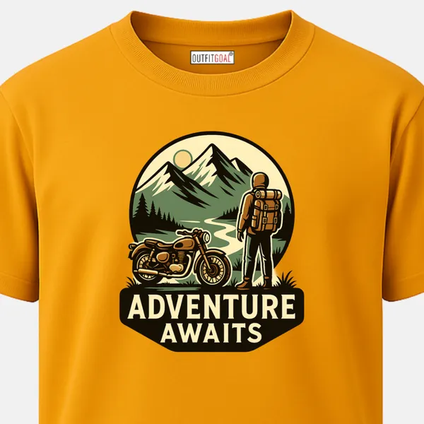 Outfitgoal_Regular_Unisex_Yellow_Graphics_T-Shirt,_Biker_with_backpack_standing_by_motorcycle_facing_mountains_Adventure_Awaits_typography_|_TRAVEL_MODE