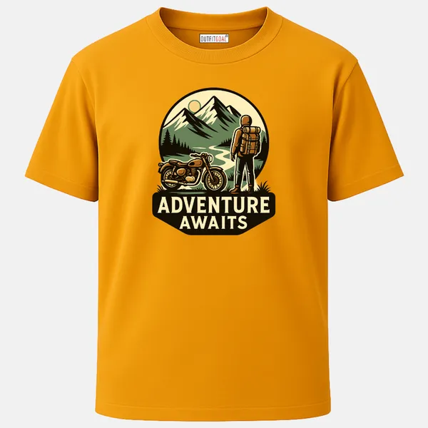 Outfitgoal_Regular_Unisex_Yellow_Graphics_T-Shirt,_Biker_with_backpack_standing_by_motorcycle_facing_mountains_Adventure_Awaits_typography_|_TRAVEL_MODE