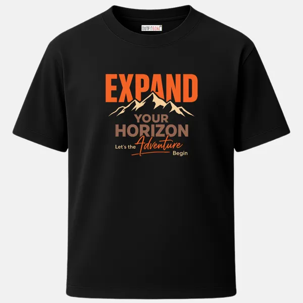 _Regular_Unisex_Black_Graphics_T-Shirt,_Bold_expand_your_horizon_type_art_mountain_peaks_adventure_begin_script_|_TRAVEL_MODE