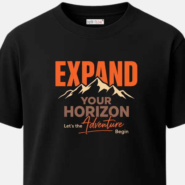 _Regular_Unisex_Black_Graphics_T-Shirt,_Bold_expand_your_horizon_type_art_mountain_peaks_adventure_begin_script_|_TRAVEL_MODE