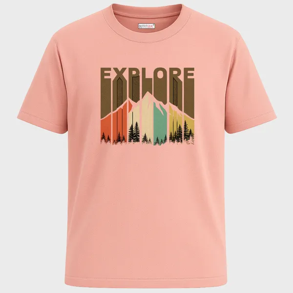 _Regular_Unisex_Pink_Graphics_T-Shirt,_Stylized_mountains_in_multicolor_panels_bold_explore_type_art_|_TRAVEL_MODE